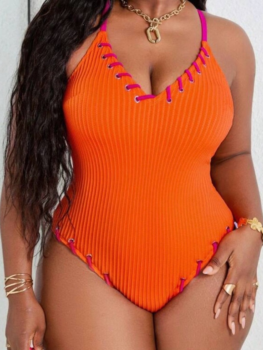 Orange Ribbed Lace-Up Plus Size One Piece Swimsuit Pink Trim Cutout Size 4X